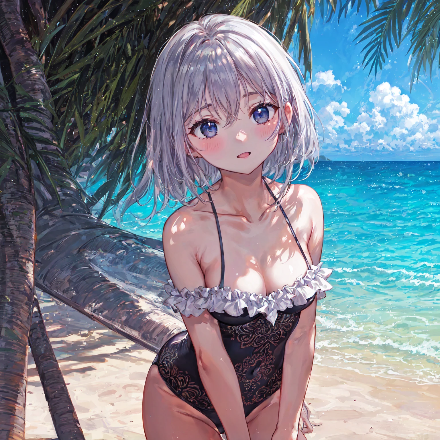 Very detailed, CG, Unity , 8k wallpaper, wonderful, In detail, (masterpiece:1.5, Highest quality), (Intricate details, Depth of written boundary), Dynamic posture,masterpiece, Highest quality,blush,Palm Tree Shade,hammock,Silver Hair, {{Beautiful medium sized breasts 1:4}},Small face,Front-facing,look away,Arms back,Push out your hips,Gazing into the distance,My chest is crushed,Black and white frilly swimsuit,Photoreal 1;4,Highest quality,cute,High Quality Backgrounds, Slanted Eyes, Detail of wrinkles on shirt chest,break, {{Beautiful blue eyes 1:4}}, break, Five Fingers