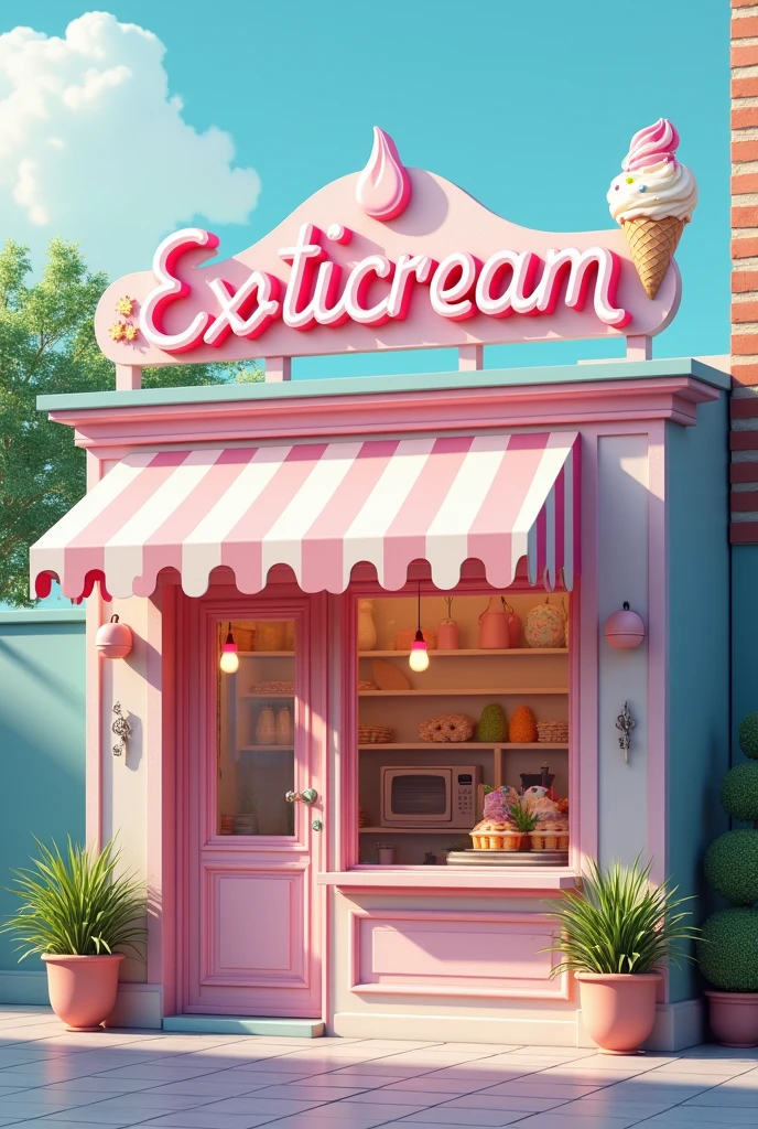 front of an ice cream shop with the name "exoticream" and it's a melted ice cream above the name, a creative and cozy place with pastel colors, specifically blue and pink