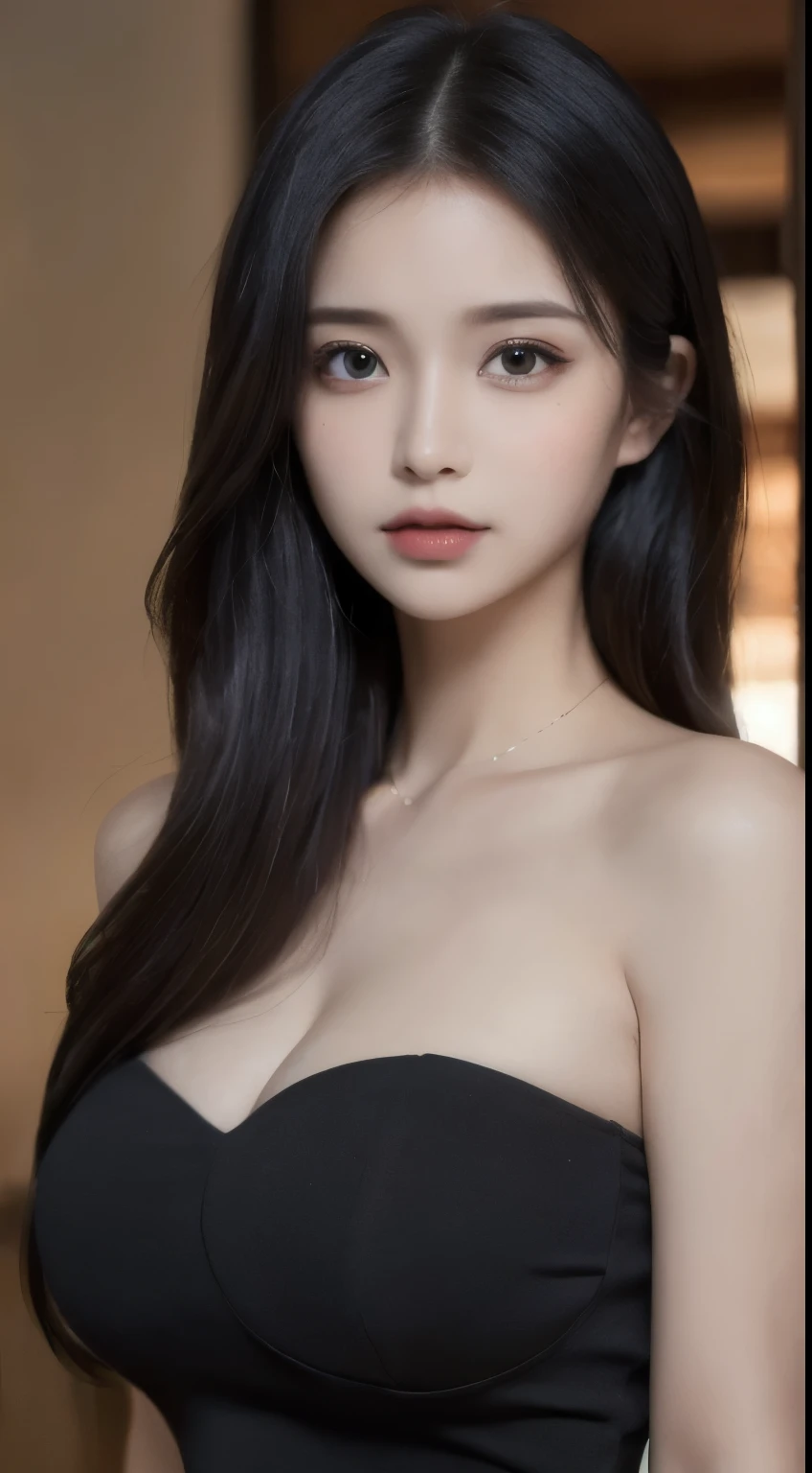 malaysian look alike feature, ((ultra realistic) girl standing wearing a black dress, 8k, 4K, UHD, masterpiece, anatomically correct, high details, high quality, best quality, highres, dashed eyes, wide eyes, aqua eyes