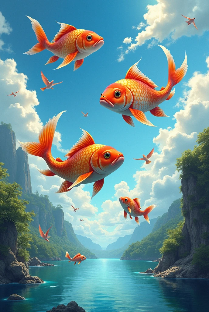 A fish swimming in the air and birds flying in the water. Speech bubbles around the fish and birds say “freedom” and “democracy”. The background can be a surrealistic scene with inverted natural elements.