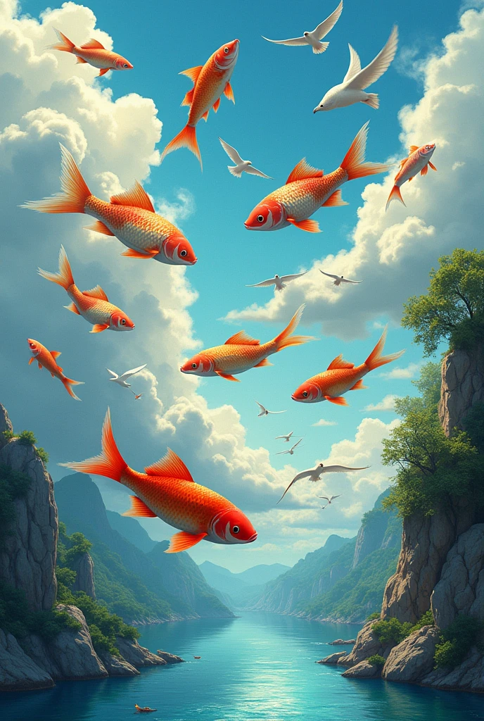 A fish swimming in the air and birds flying in the water. Speech bubbles around the fish and birds say “freedom” and “democracy”. The background can be a surrealistic scene with inverted natural elements.