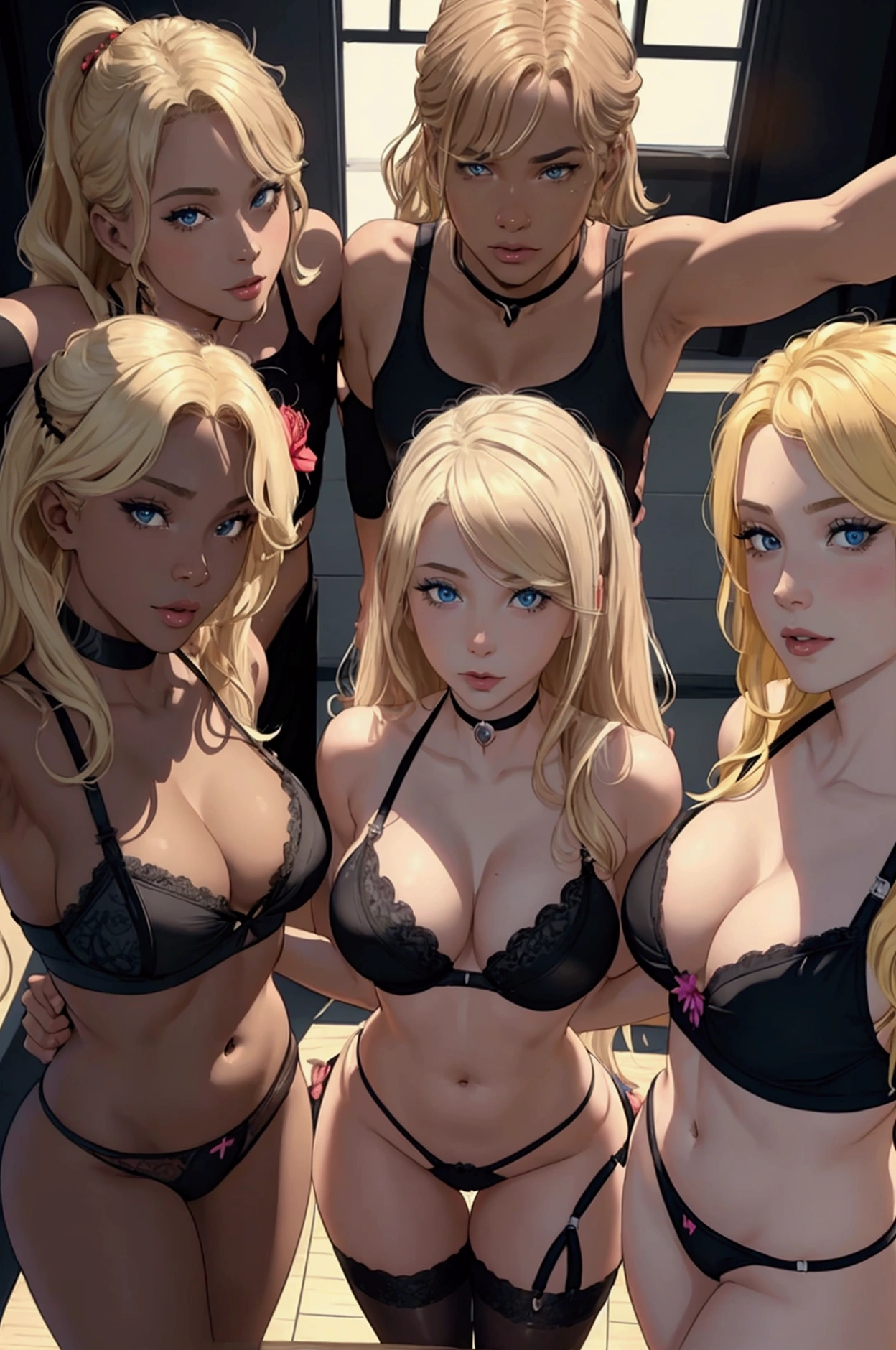three black men and a blonde woman in underwear taking a selfie, alexa grace, blonde, black underwear, by Adam Rex, blonde goddess, by Lena Alexander, handdrawn, in a black betch bra, taken in 2 0 2 0, bottom angle, 👁🌹👾, posing together in bra, well drawn, she is wearing a black tank top, cover shot
