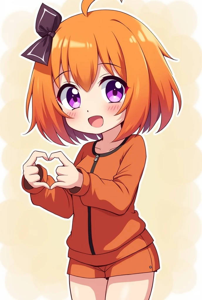 Super cute anime character in dark orange outfit, bright orange hair, big, sparkling purple eyes, making a heart sign with her hand