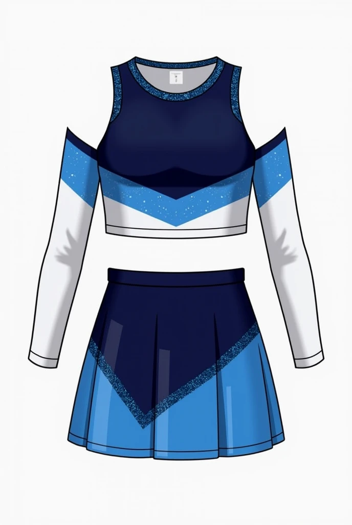 two-piece cheerleader uniform (short top and short skirt) colors: Navy blue, light blue and white
top: (short below bust) Navy blue con mangas largas desmontables con raya azul claro, the top is round neck, with a light blue top stripe. White at the bottom of the top to print the logo, y en la parte final inferior terminación con raya azul claro y Navy blue (just a line and let the line be vertical) . Glitter on top of the top. Glitter on the bottom of the sleeves
skirt: stuck in a V shape at the top in light blue, el resto de la falda es Navy blue. Glitter on top of the skirt