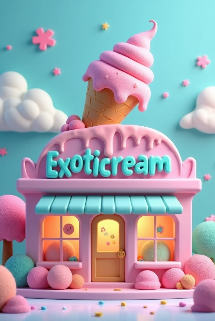 front of an ice cream shop with the name "exoticream" and it's a melted ice cream upside down on top of the name, a creative and cozy place with pastel colors, specifically blue and pink