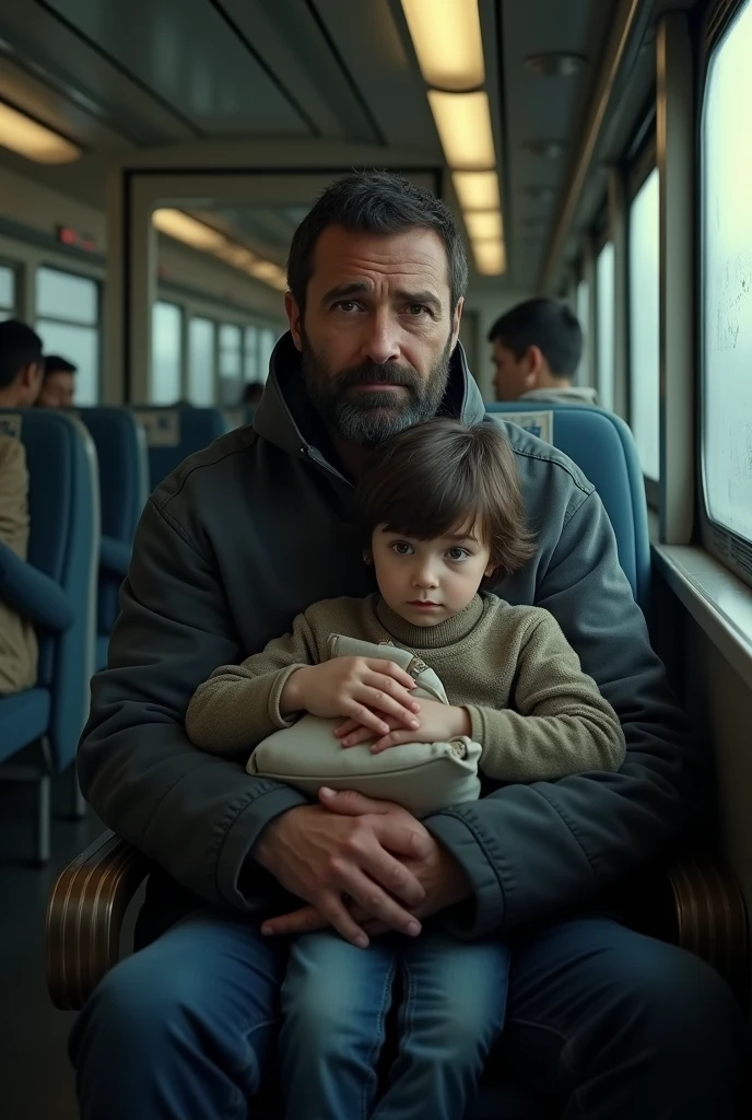 A father carrying a  with a bag and a pillow in the train sitting sad mood