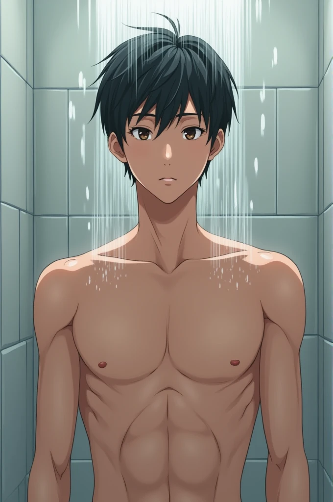 asian man, style of anime, close under the shower, hairless, Unclothed, facing the front