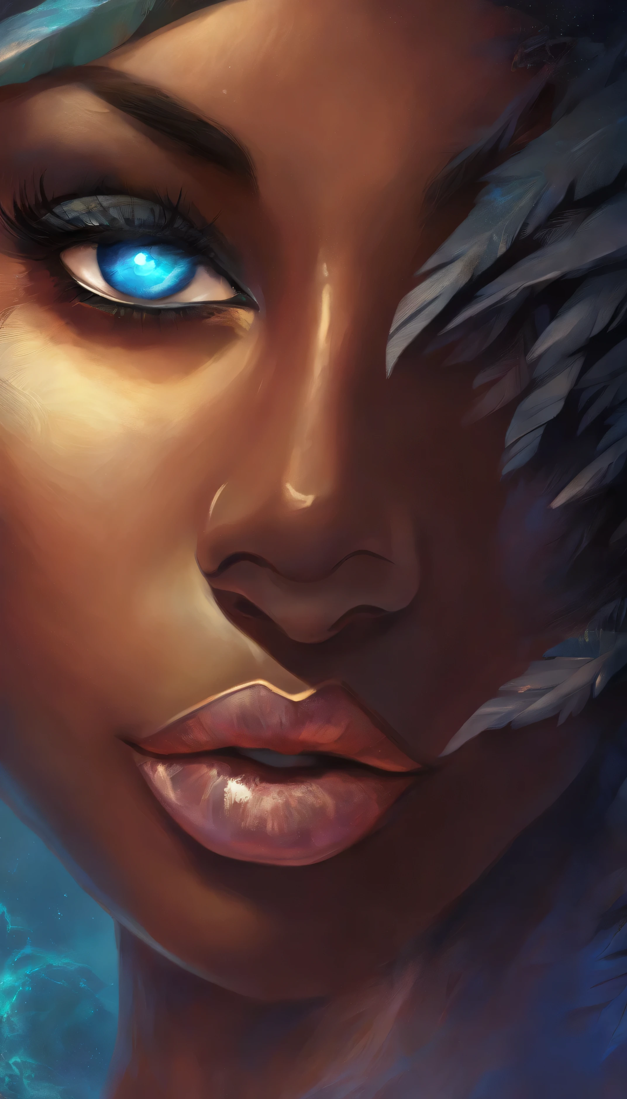 "A highly detailed close-up of a beautiful Black woman's eye. The focus is on her deep black iris, which contrasts strikingly against her rich, dark skin. The surrounding details of her face, like her long black eyelashes and a small portion of her smooth, black hairline, are subtly visible. The lighting enhances the vividness of her blue eye, creating a captivating and mysterious aura. The blue pendant on her forehead is barely in frame, adding a touch of intrigue to the composition."