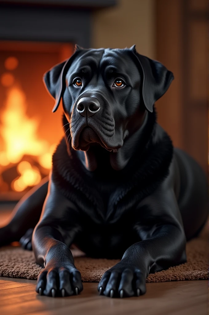 black Dog, big fit ass, vira-lata, lying near the fireplace