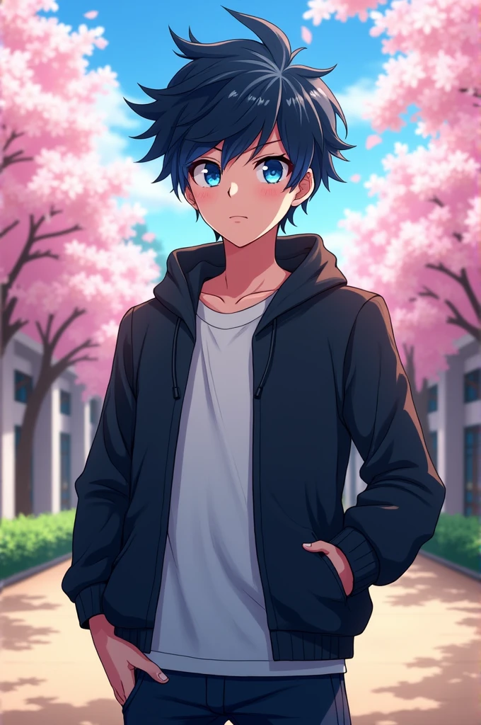 **Prompt**: Create a detailed anime-style character portrait of a teenage boy, around . He has messy black hair with blue highlights, piercing blue eyes, and a confident yet kind expression. He’s wearing a stylish school uniform, with a dark jacket and a white shirt, slightly unbuttoned for a casual look. His pose is relaxed, with one hand in his pocket, and the background is a serene, sunny school courtyard with cherry blossom trees in full bloom. The art style should be colorful and dynamic, capturing the essence of youthful energy and anime aesthetics.