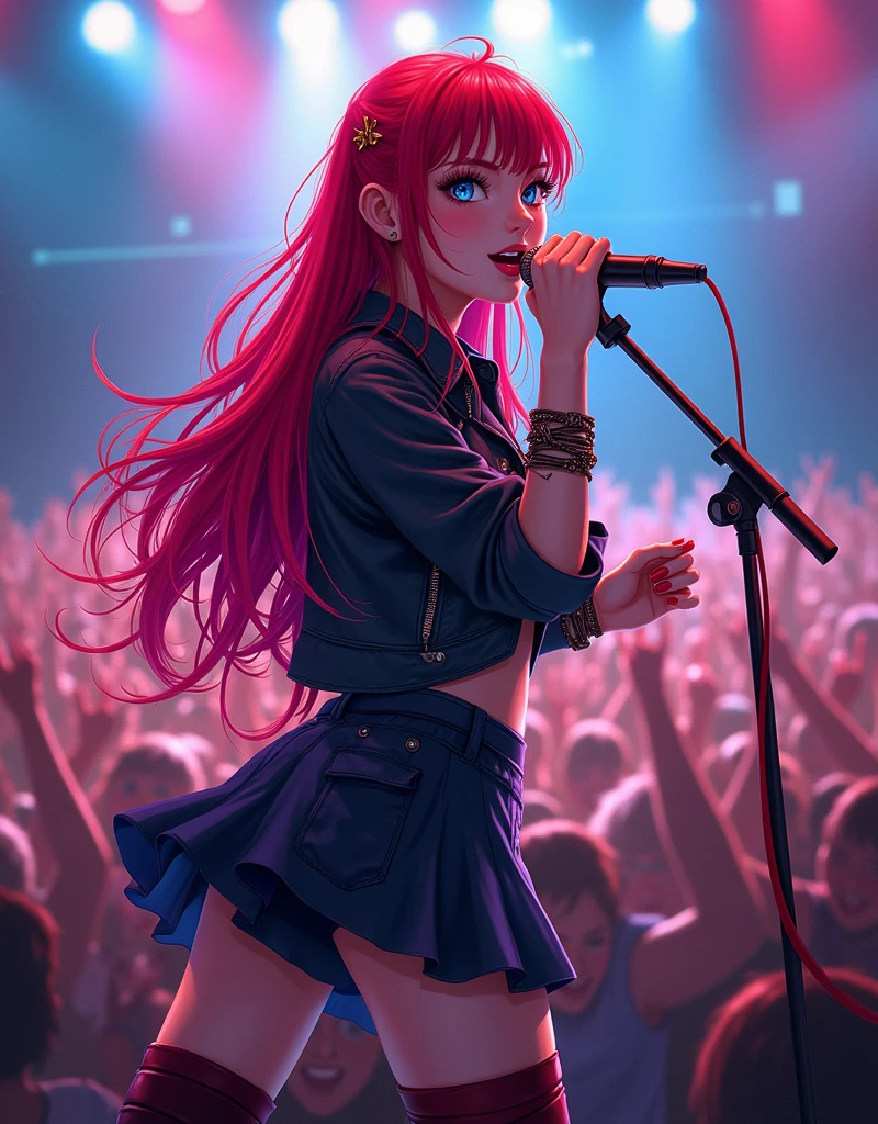 2.5D Masterpiece Anime. A 24 year old scene girl with long dyed red hair. Blue eyes. Singing on stage at a pop-punk concert.