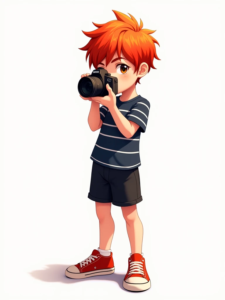 A red-haired boy in a dark blue and white shirt, black shorts and red sneakers, holding a camera. On a white background.