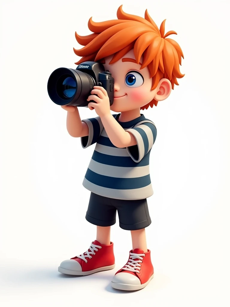 A red-haired boy in a dark blue and white shirt, black shorts and red sneakers, holding a camera. On a white background.