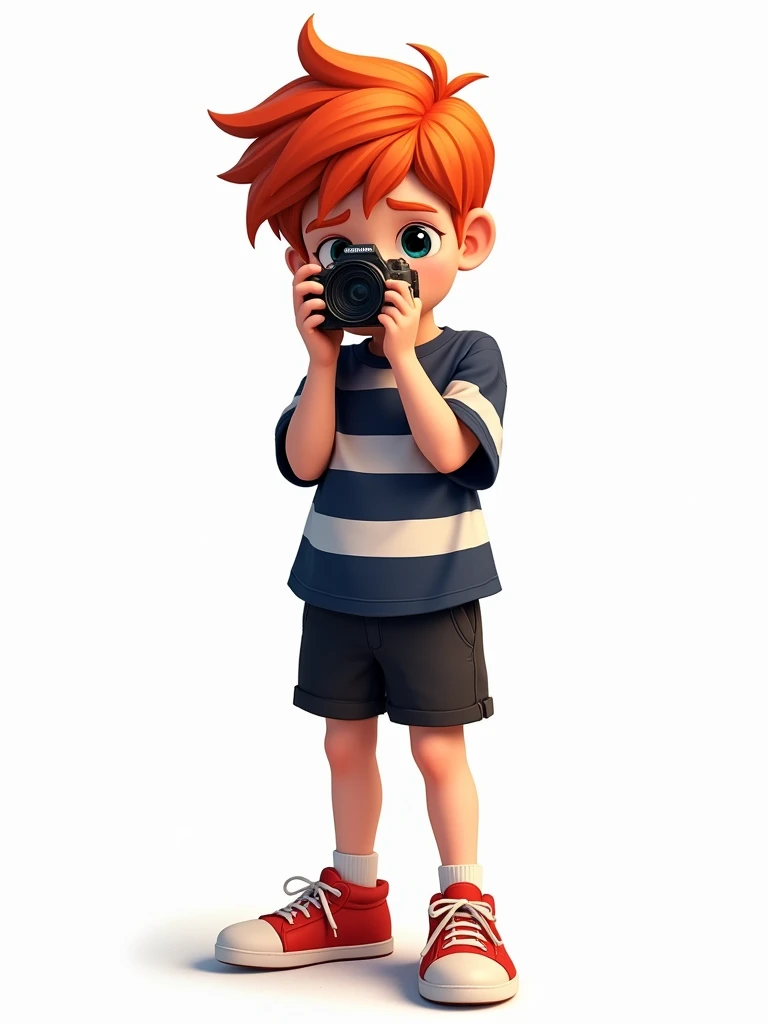 A red-haired boy in a dark blue and white shirt, black shorts and red sneakers, holding a camera. On a white background.
