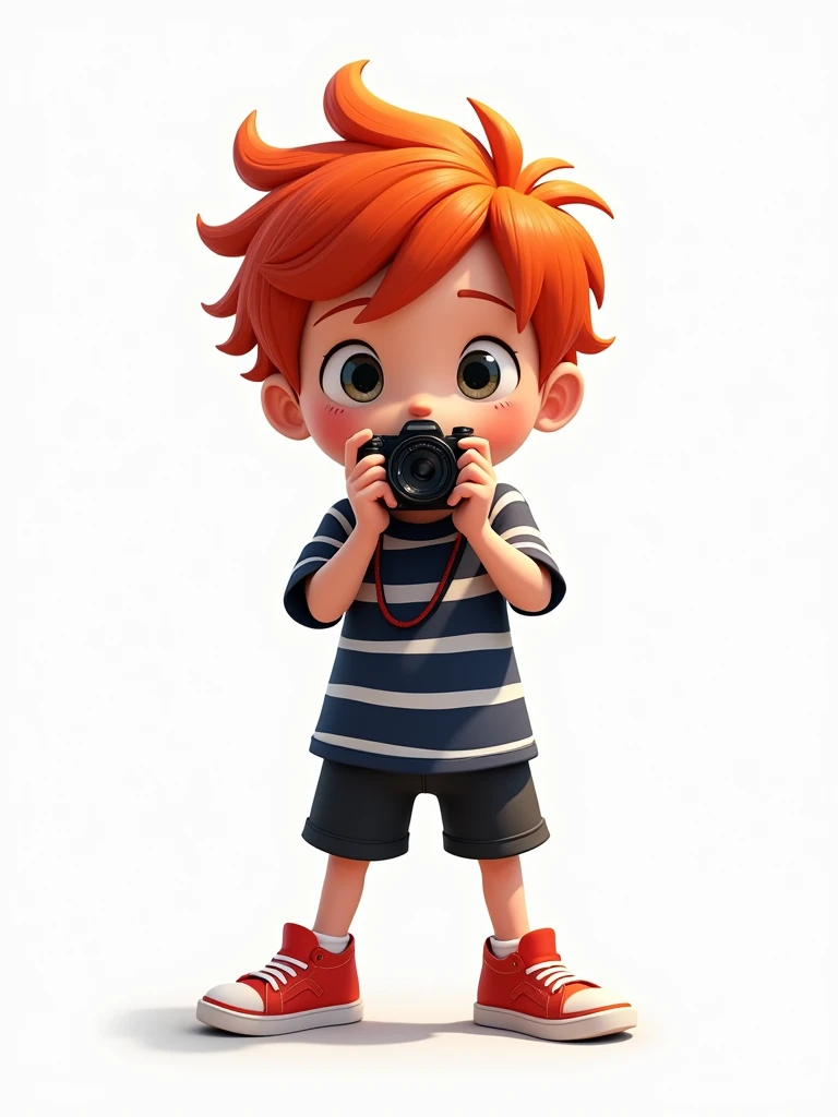 A red-haired boy in a dark blue and white shirt, black shorts and red sneakers, holding a camera. On a white background.