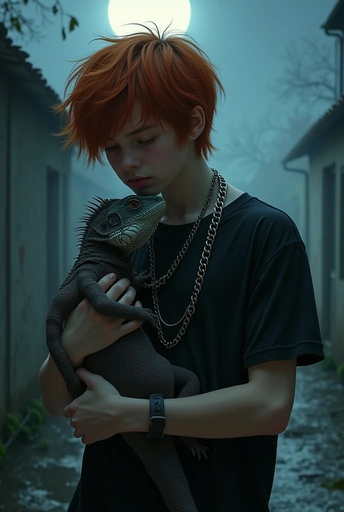 A boy in a black t-shirt and chains with red hair, hugging his little iguana under the moon
