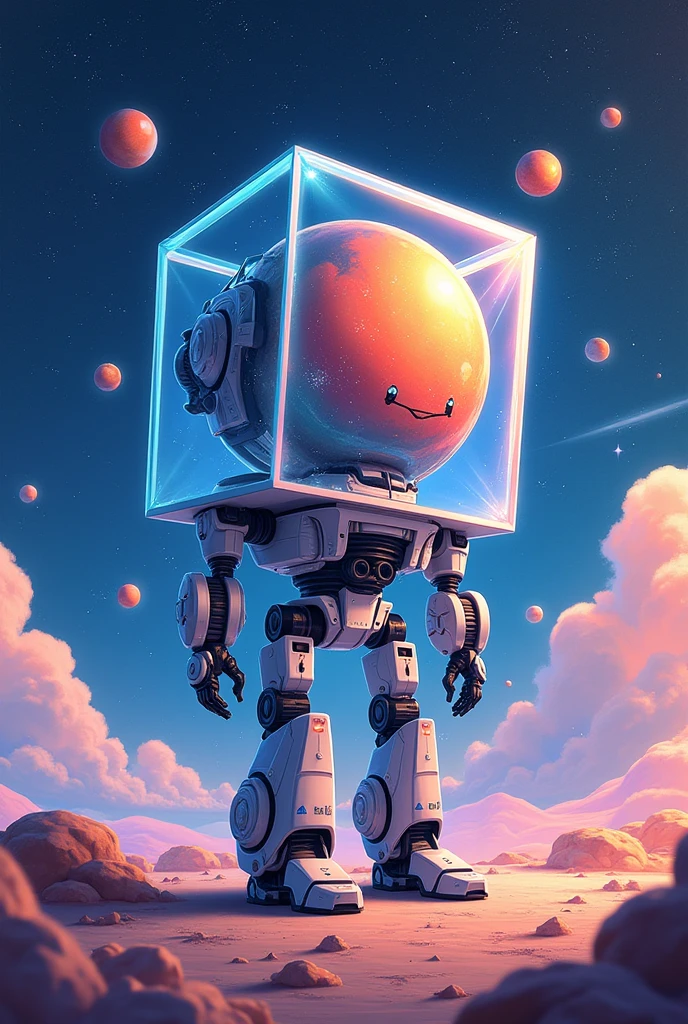 The Ramces robot from the cube star 
Could you make a robot showing its planet (so cube) in space and it looks really beautiful, animated with stars and cute things in space