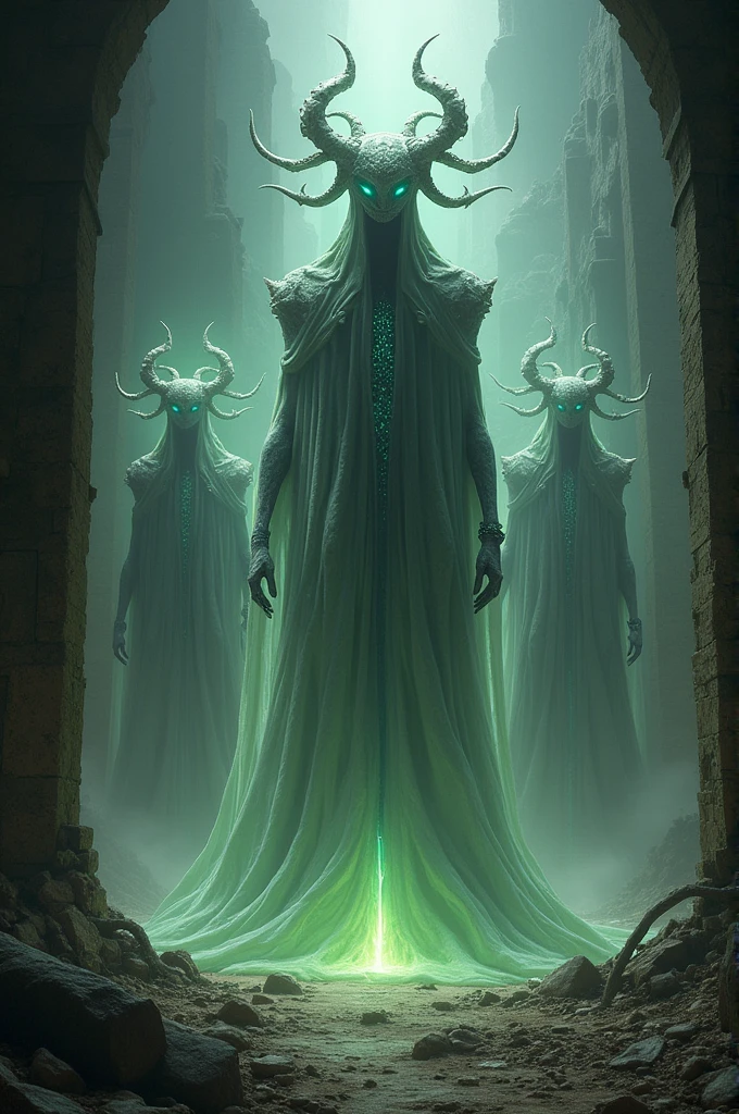 7. Ancient and forgotten creatures, resembling mystical guardians, emerging from the shadows amidst the ruins.