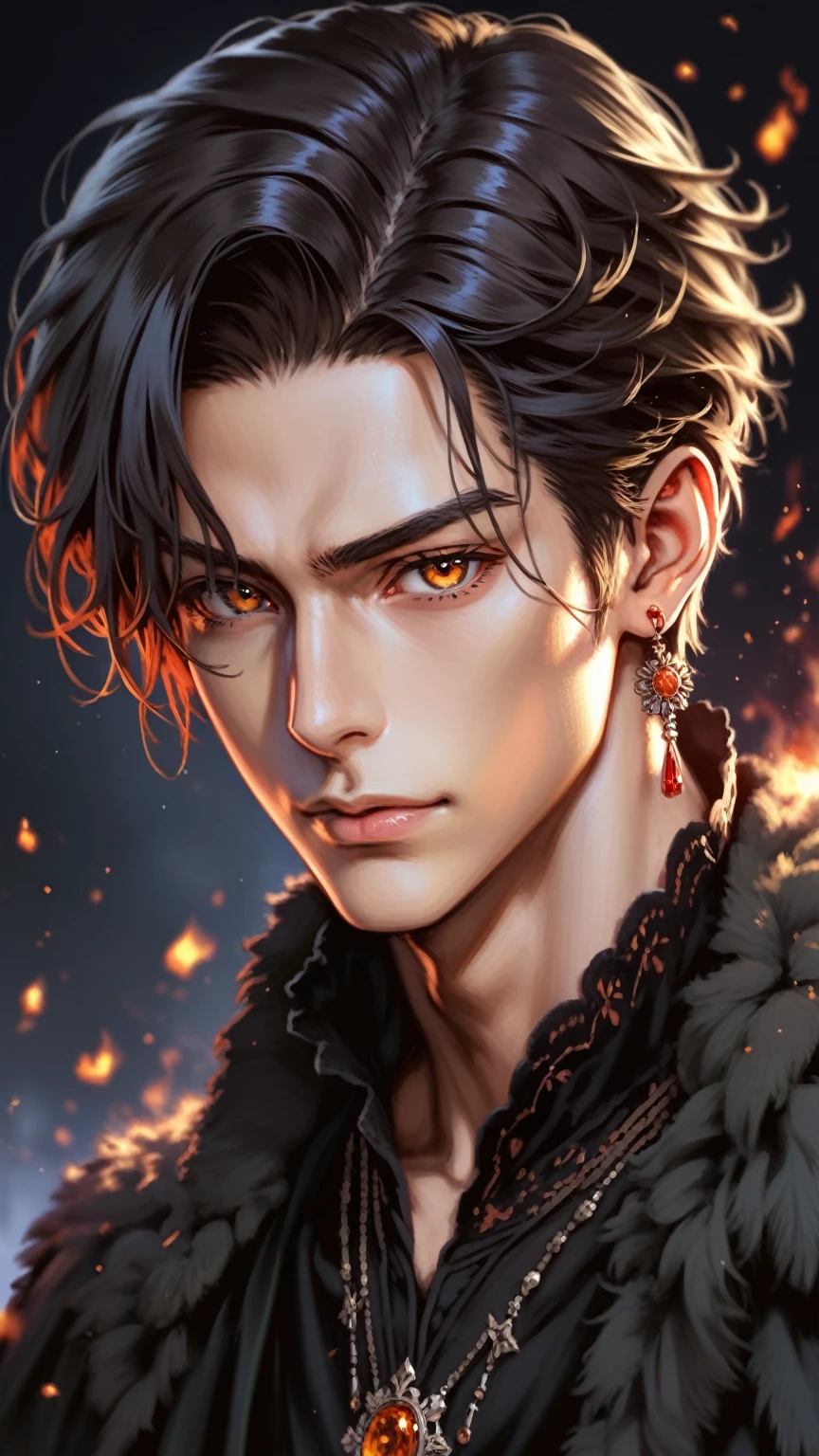 absurdities, High resolution, ultra detailed, HdR, masterpiece, realism, realist, 30 year old adult man, rasgos muy masculines, serious, Extremely detailed face and eyes, short straight hair, black hair, bushy eyebrows, fringe, fringe que cubre la frente, arrogant look, expressive orange eyes, rasgos masculines, detailed eyes, LOOKING AT THE SPECTATOR, 1 man, Victorian style clothing, red rope, masculine, red clothes with fur coat, Fire Background, red earrings, Red Jewelry, Wizard's Medallion, tidy hair, Complete plan, beefy chest, realism magico, masculine, men's clothing, vibrant colors, Fotorrealist, 8k, Best Quality, High resolution, cinematic lighting, intricate details, Fire Background, Sherlock Holmes and Mongolian style, ultra detailed, 8k, realist.