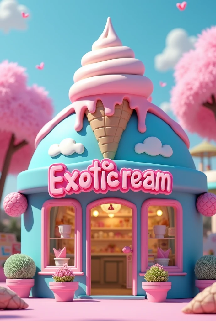 front of an ice cream shop with the name "exoticream" and it's a melted ice cream upside down on top of the name, a creative and cozy place with pastel colors, specifically blue and pink