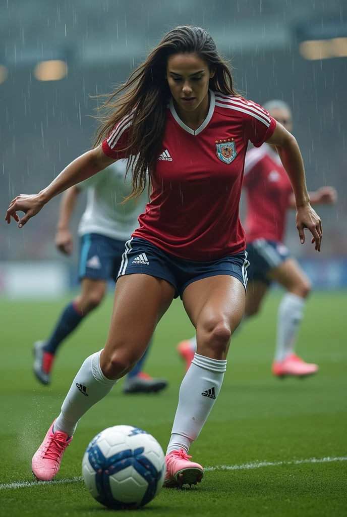 Beautiful women soccer in adidas uniform shorts white adidas, white socks with shinguards, pink soccer shoes adidas, ultra realistic in 8k, rainy, big boobs, underwear visible, log hair brunette, being fouled for an opponent in a slide tackle