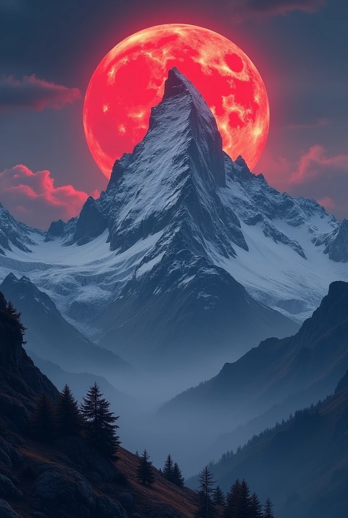Mountain moon lit up red
