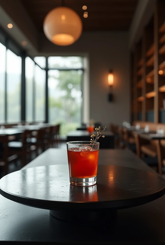 Create an image of a sleek, minimalist black Japanese restaurant with a central alcoholic drink on the table..
