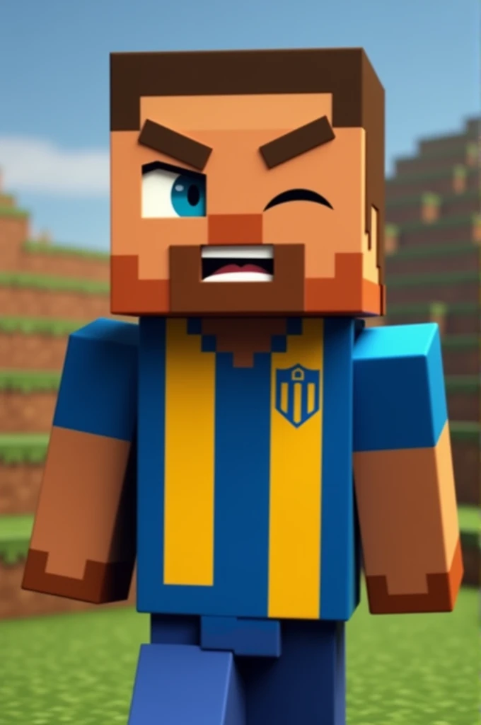 Minecraft "Villager" exactly as it appears in the game, wearing a Boca Juniors jersey, winking