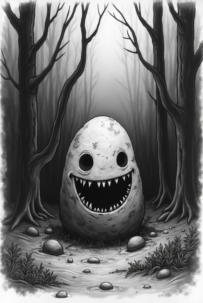 Nonsense drawing on black and white paper, drawing on a paper of a forest with a stone with eyes and a mouth smiling macabre, drawing made with charcoal