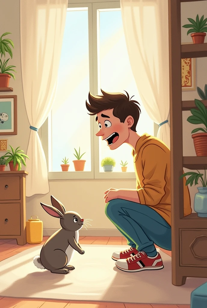 an easy drawing to replicate of a young man who is in the apartment (that the apartment can be seen) I was watching a small rabbit next to the surprised one.