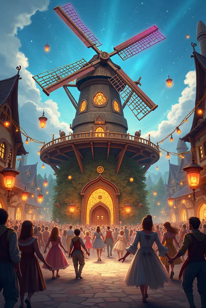 a happy town celebrating around an enchanted and magical windmill full of fantasy