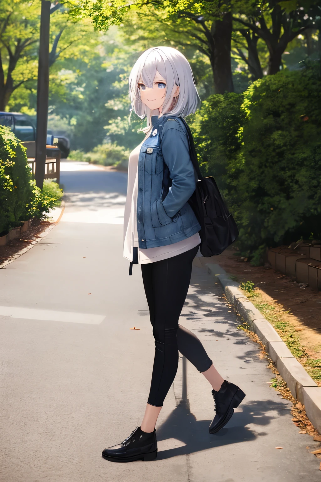 (masterpiece), best quality, BREAK, expressive eyes, (perfect face), 1woman, BREAK, (medium hair, white hair), BREAK, (lavender eyes, detailed eyes), BREAK, (happy smile) BREAK, (short heigh), BREAK, (denim jacket), BREAK (black pants) , BREAK, (black vans), BREAK, (forest), BREAK, (standing), (sideview)