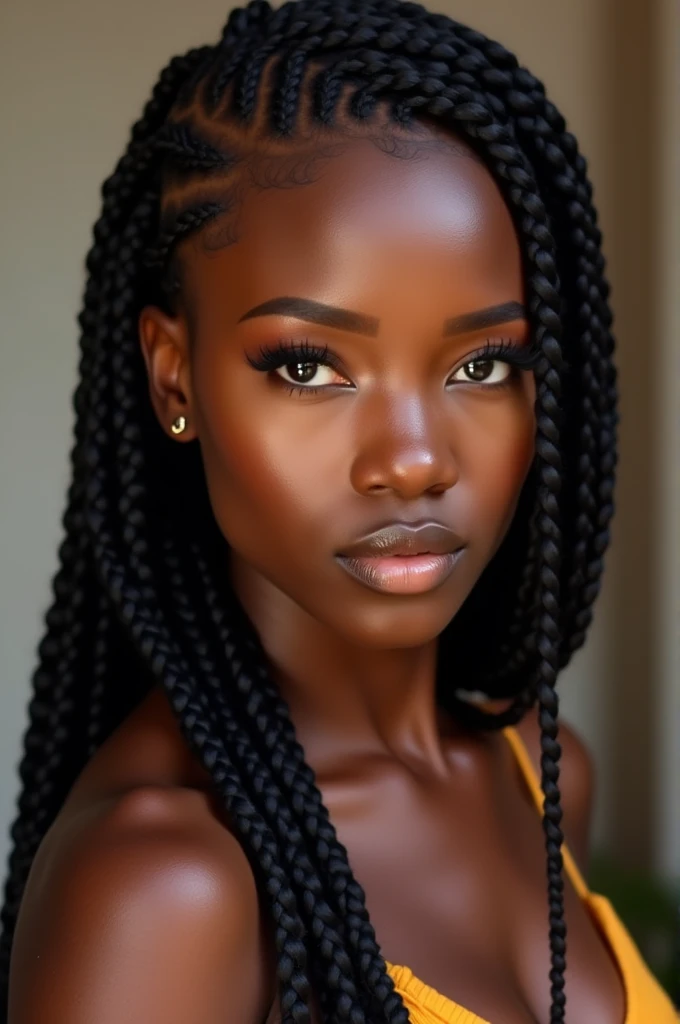 Dark skinned 21 years Ethiopian woman
Braided,with beautiful eyebrows,full lips,small eyes,oval and chubby face,medium nose