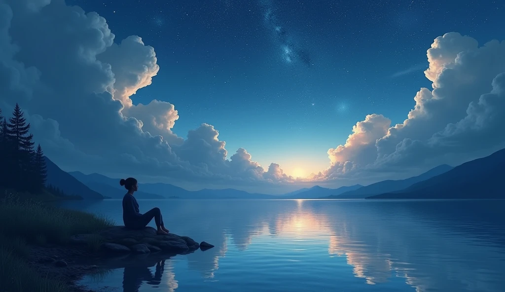 A person enjoying a peaceful moment by a lake under a starlit sky, with both bright and dark clouds reflecting in the water. The atmosphere is calm and balanced, showing contentment in both light and shadow. -ar 16:9