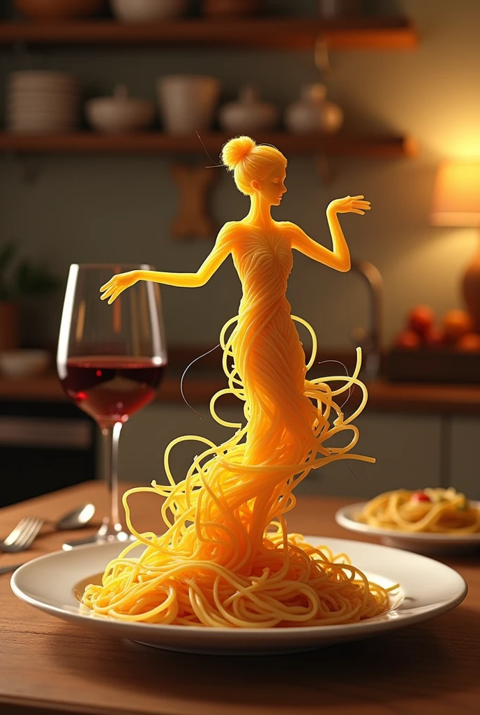 Create a whimsical and artistics scene featuring a single human-like figure made entirely of spaghetti. this figure should appear to dancing gracefully on a plate. The background should depict a cozy kitchen setting with warm, ambient lighting, creatinng a romantic and intimate atmosphere. include elements such as a glass of red wine and a beautifully set table to enhance the mood.