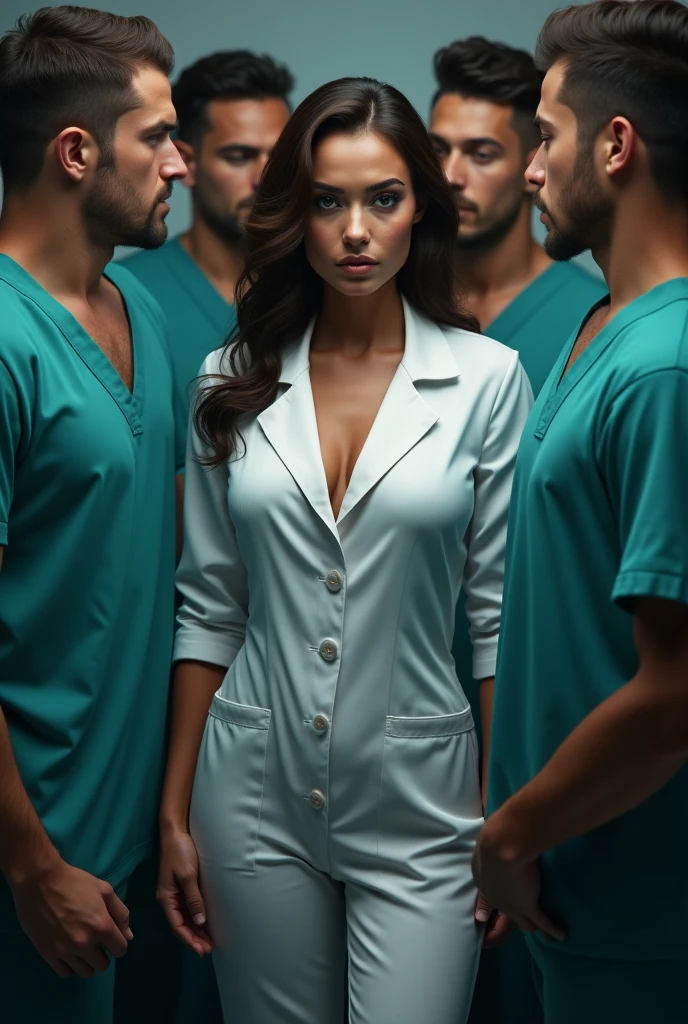 A medical sexy girl surrounded by boys and she is giving sexy expressions to them