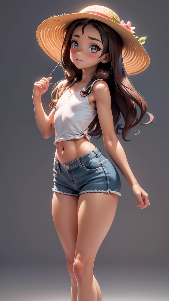 1girl, transparent white summer look, jeans shorts, straw hat, bare feet, (9 years old), (young), slender Lolicon body, thin limbs, thin thighs, short stature, small ass, no breasts, (flat chest), blonde hair, olhos azuis, corpo inteiro, Style-Petal, Trees background, dia ensolarado, olhos perfeitos, perfect hands, ultra high-resolution, cinematic angle, professional lighting, best quality, master part, side-lighting, Sharp, Foco perfeito, Bokeh, fotorrealista, (belos olhos finamente detalhados: 1.3), Realistic, (Rosto 3D:1.1), (Pele Lustrosa:1.5), (ultra high res intricate face details), (poros da pele do rosto:1.3), ultra high res cloth texture, Detalhes do olho 8k, 8K Alunos,