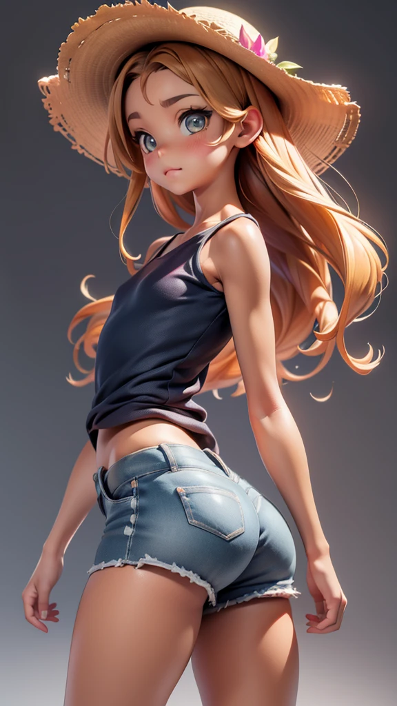 1girl, transparent white summer look, jeans shorts, straw hat, bare feet, (9 years old), (young), slender Lolicon body, thin limbs, thin thighs, short stature, small ass, no breasts, (flat chest), blonde hair, olhos azuis, corpo inteiro, Style-Petal, Trees background, dia ensolarado, olhos perfeitos, perfect hands, ultra high-resolution, cinematic angle, professional lighting, best quality, master part, side-lighting, Sharp, Foco perfeito, Bokeh, fotorrealista, (belos olhos finamente detalhados: 1.3), Realistic, (Rosto 3D:1.1), (Pele Lustrosa:1.5), (ultra high res intricate face details), (poros da pele do rosto:1.3), ultra high res cloth texture, Detalhes do olho 8k, 8K Alunos,