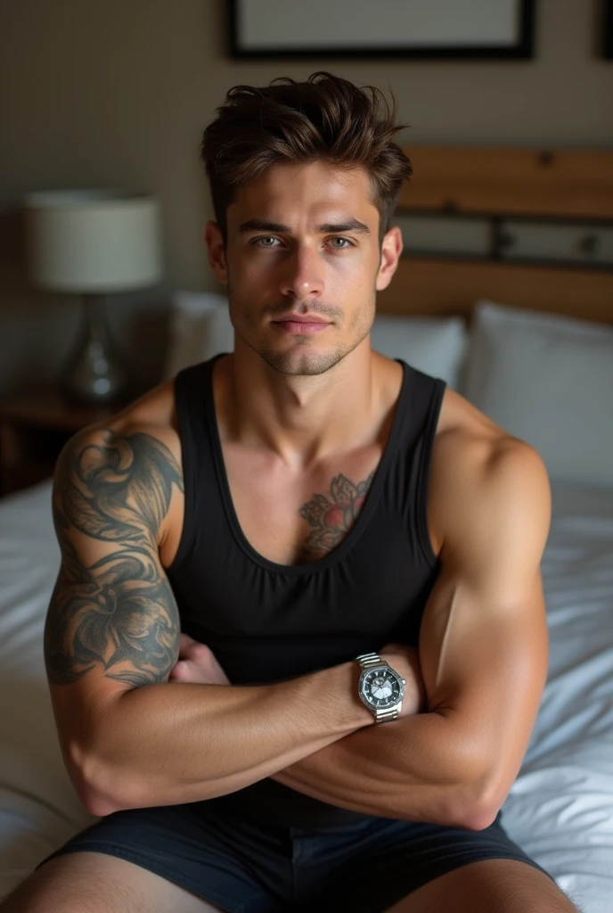 A handsome, attractive 23-year-old man with a seductive expression, athletic, tattooed, sitting inside a room , Sitting on the bed, wearing a tank top, silver watch, brown hair, Crossed arms