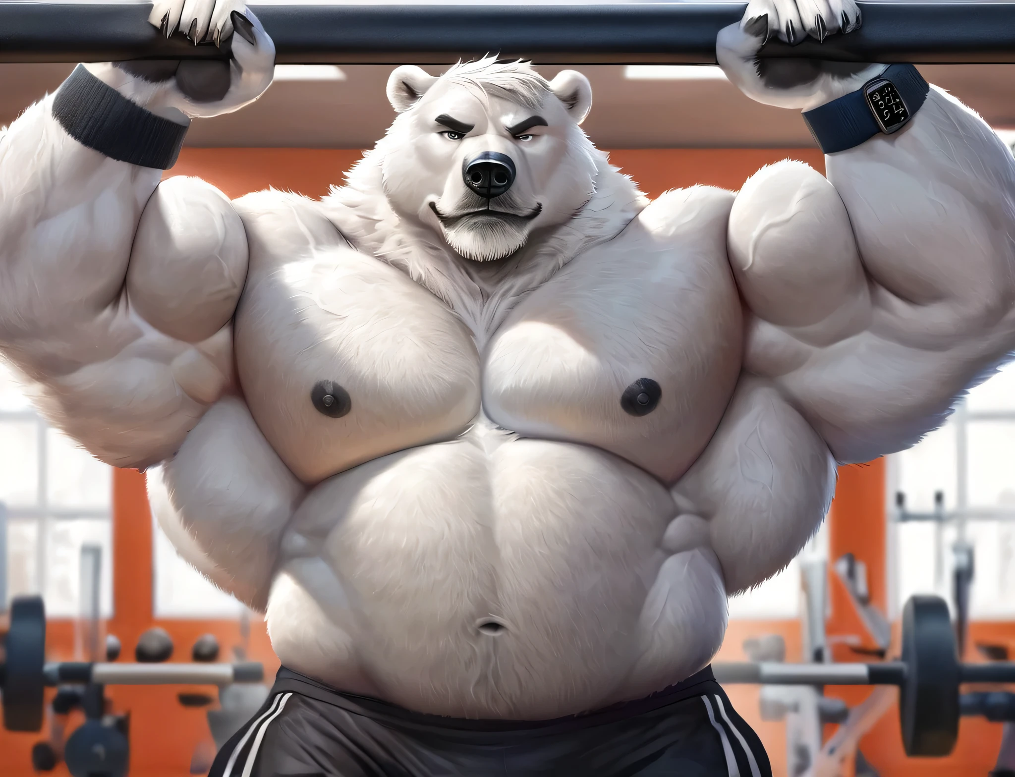 huge muscular polar bear Dad in big Gym, big smirk, polar bear, huge white fur, thick arm, huge arm, bearded. Short white hair and white beard, white mustache, bearded white, (muscular, pectoral, wide pectoral, thick arms), correct anatomy, gym, weighted bars, realistic, added eyebrows, detailed eyes, 8k, masterpiece, (wearing black shorts, wristband, watch and shirtless), pumping up massive muscles. Veins popping all over the body, neck and arms.