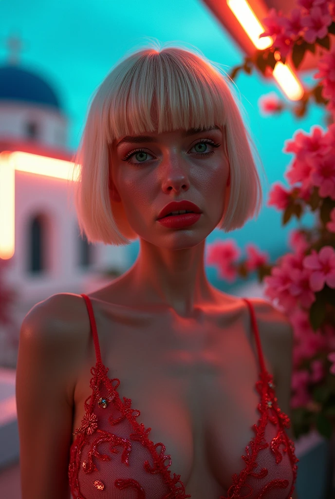 santorini, greece, cyberpunk style, , neon lights, cinematic lighting. Russian women big pumped lips red lipstick super big fake lips bob cut hairstyle blonde hair big green eyes forehead is slightly arched, giving my face a distinctive shape. It flows seamlessly into my high, defined eyebrows. The bridge of my nose is straight and symmetrical, leading up to a pointed tip. My nostrils are small and delicate, adding character without being overwhelming. My cheekbones are prominent, highlighting my large, round eyes even further. My jawline is strong and defined, giving my face a masculine edge despite its feminine features. My neck is long and graceful, flowing effortlessly into my shoulders. flower garden , big fake lips big size lip big pumped lips red lipstick cleavage sweat in forhead