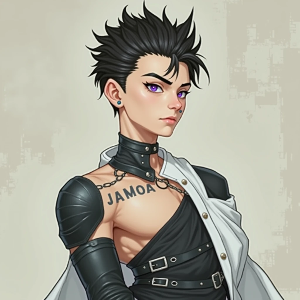 *he have white loose shirt, long black fingerless gloves, black combat pants, piercing in eyebrow, nose and ears. Have wolfcut hairstyle black fluffy hair. He is tall and muscular but very skinny. have blue-violet eyes*