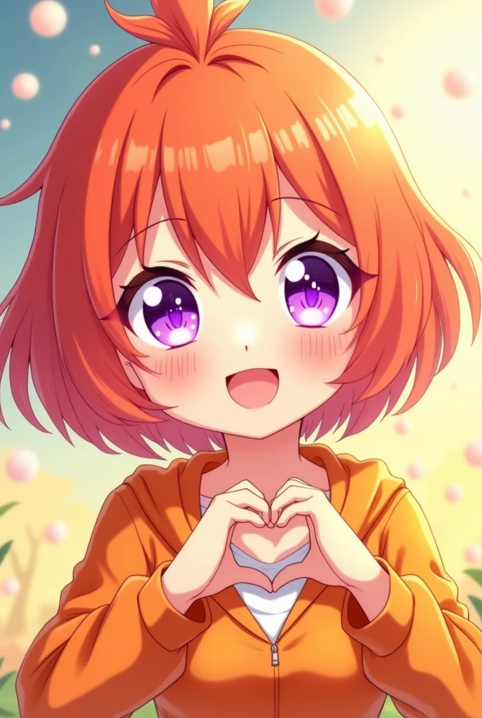 Super cute anime character in a bright orange outfit, bright orange hair, large, sparkling purple eyes, holding up a hand in front of her chest to make a heart shape
