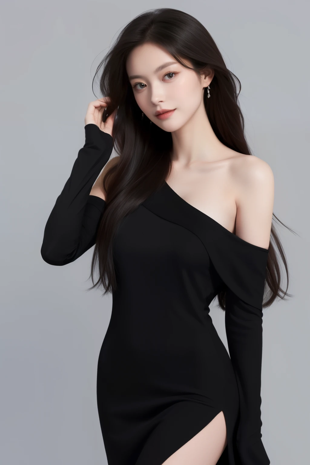 (masterpiece, high quality) woman, long hair, off shoulder, shiny black dress, model, posing, simple background 