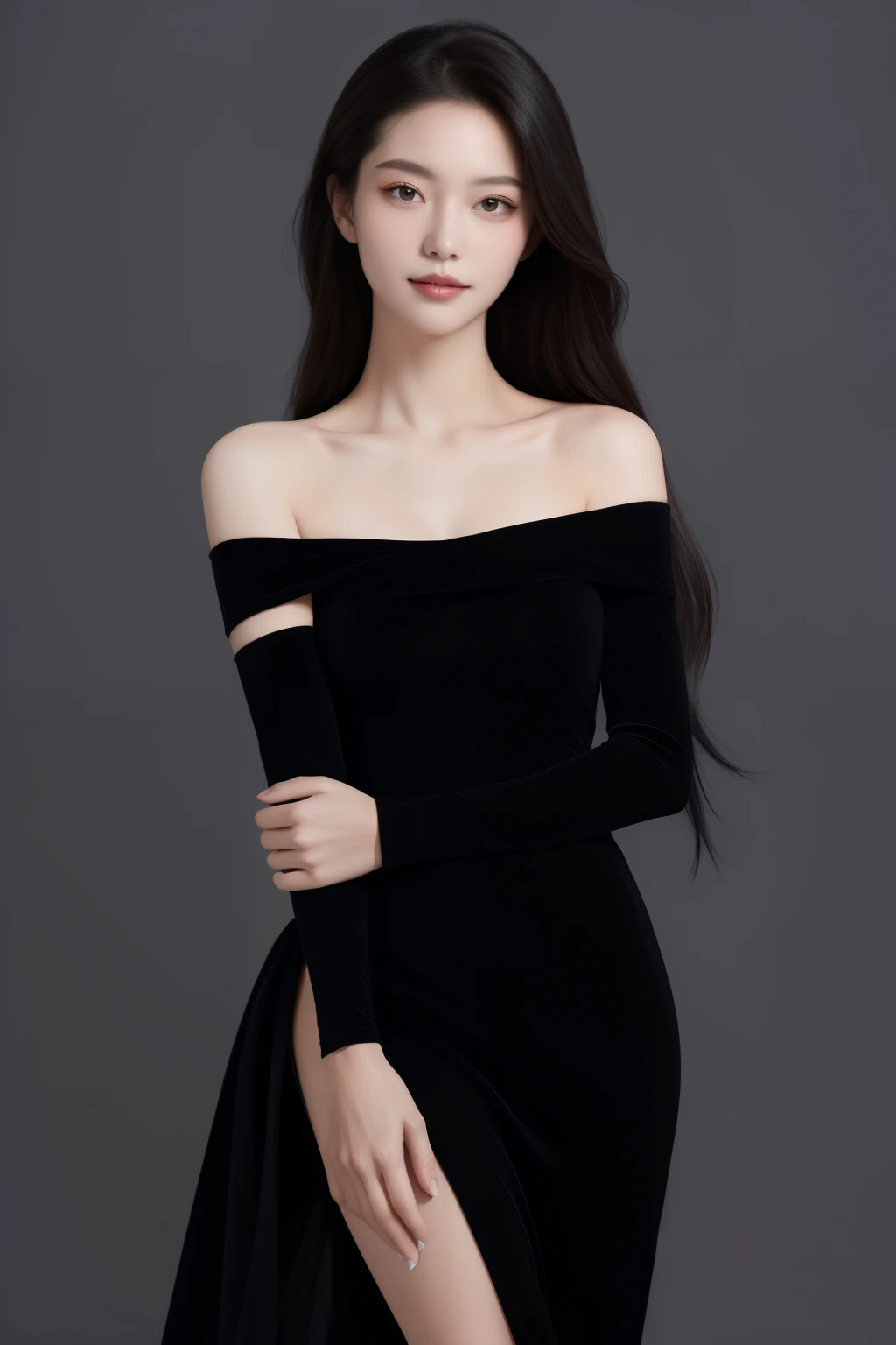 (masterpiece, high quality) woman, long hair, off shoulder, shiny black dress, model, posing, simple background