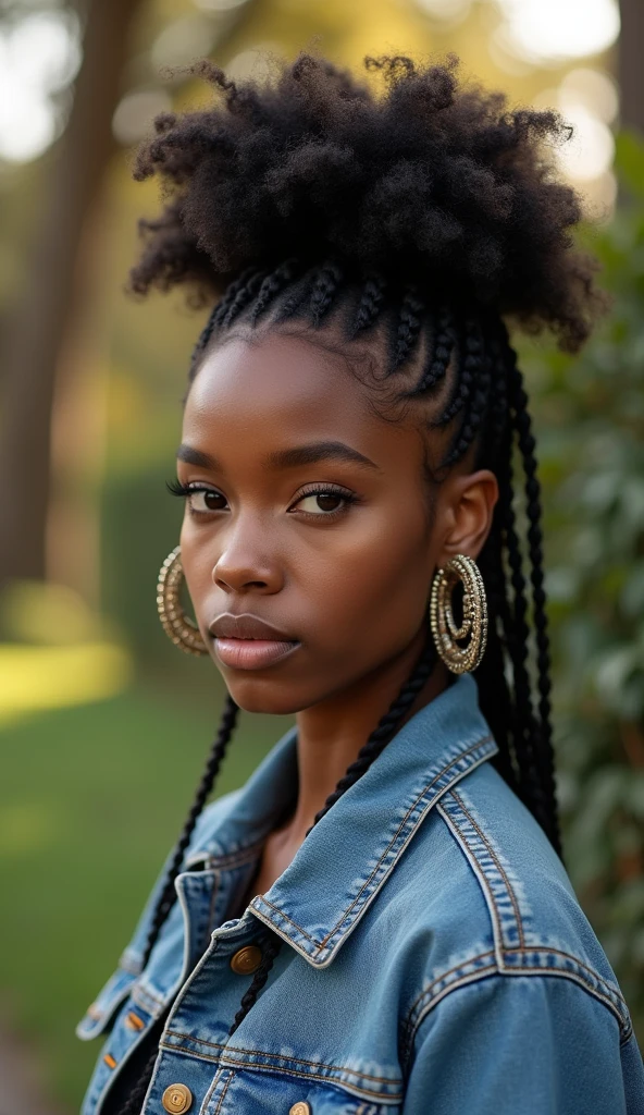 A beautiful African American woman is captured in a serene outdoor setting, showcasing her stunning natural hair styled in a combination of intricate braids and voluminous curls. Her hair is carefully braided along the sides, leading up to a full, curly afro puff on top, which highlights her strong features and elegant profile. She is wearing a denim jacket with subtle embroidered details, adding a casual yet stylish touch to her look. Her accessories include large, ornate hoop earrings that complement her hairstyle and add a touch of sophistication. The background is softly blurred, with hints of greenery and warm lighting, which brings the focus to her poised and confident expression. ((UHD:1.5)), ((4K:1.5)), ((masterpiece:1.6)), ((natural beauty:1.4)), ((intricate braids:1.4)), ((soft lighting:1.3)), by Kahran and Regis Bethencourt, Kehinde Wiley, Tyler Mitchell.
