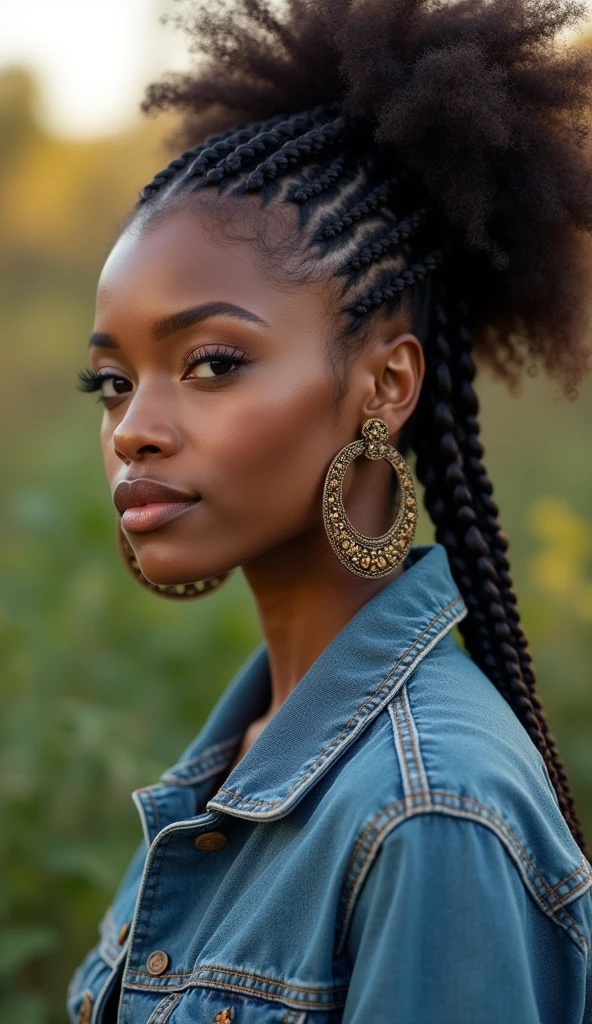 A beautiful African American woman is captured in a serene outdoor setting, showcasing her stunning natural hair styled in a combination of intricate braids and voluminous curls. Her hair is carefully braided along the sides, leading up to a full, curly afro puff on top, which highlights her strong features and elegant profile. She is wearing a denim jacket with subtle embroidered details, adding a casual yet stylish touch to her look. Her accessories include large, ornate hoop earrings that complement her hairstyle and add a touch of sophistication. The background is softly blurred, with hints of greenery and warm lighting, which brings the focus to her poised and confident expression. ((UHD:1.5)), ((4K:1.5)), ((masterpiece:1.6)), ((natural beauty:1.4)), ((intricate braids:1.4)), ((soft lighting:1.3)), by Kahran and Regis Bethencourt, Kehinde Wiley, Tyler Mitchell.