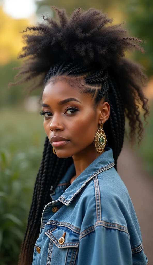 A beautiful African American woman is captured in a serene outdoor setting, showcasing her stunning natural hair styled in a combination of intricate braids and voluminous curls. Her hair is carefully braided along the sides, leading up to a full, curly afro puff on top, which highlights her strong features and elegant profile. She is wearing a denim jacket with subtle embroidered details, adding a casual yet stylish touch to her look. Her accessories include large, ornate hoop earrings that complement her hairstyle and add a touch of sophistication. The background is softly blurred, with hints of greenery and warm lighting, which brings the focus to her poised and confident expression. ((UHD:1.5)), ((4K:1.5)), ((masterpiece:1.6)), ((natural beauty:1.4)), ((intricate braids:1.4)), ((soft lighting:1.3)), by Kahran and Regis Bethencourt, Kehinde Wiley, Tyler Mitchell.
