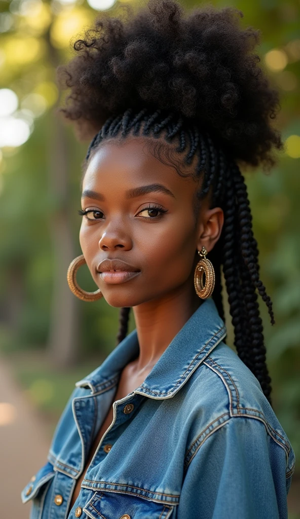A beautiful African American woman is captured in a serene outdoor setting, showcasing her stunning natural hair styled in a combination of intricate braids and voluminous curls. Her hair is carefully braided along the sides, leading up to a full, curly afro puff on top, which highlights her strong features and elegant profile. She is wearing a denim jacket with subtle embroidered details, adding a casual yet stylish touch to her look. Her accessories include large, ornate hoop earrings that complement her hairstyle and add a touch of sophistication. The background is softly blurred, with hints of greenery and warm lighting, which brings the focus to her poised and confident expression. ((UHD:1.5)), ((4K:1.5)), ((masterpiece:1.6)), ((natural beauty:1.4)), ((intricate braids:1.4)), ((soft lighting:1.3)), by Kahran and Regis Bethencourt, Kehinde Wiley, Tyler Mitchell.