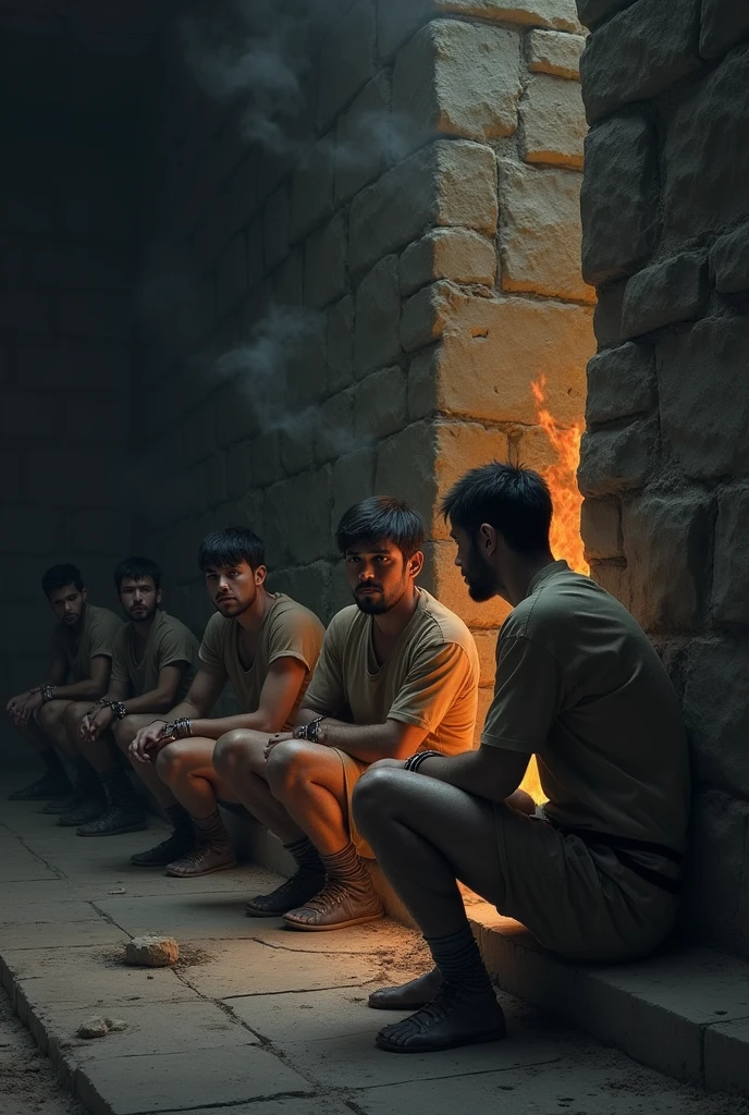 Prisoners in a cave sat down and with their hands and feet chained. They are facing the wall. Behind them is a fire.  